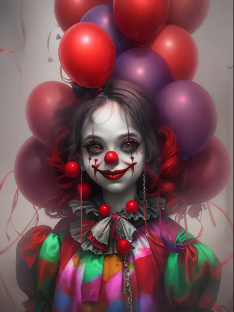Little girl clown surrounded by red balloons, cutecore clowncore, creepy clown girl, scary clown, Clown Girl, Detailed painting ...