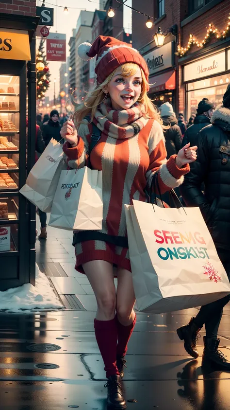 {{A dynamic depiction of a spirited Boxing Day celebration, featuring enthusiastic shoppers, bustling streets, and festive store...