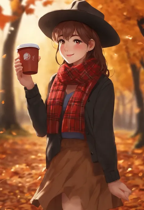 1girl, autumn leaves, bangs, black headwear, blurry background, blush, brown eyes, brown hair, brown scarf, brown skirt, cardiga...