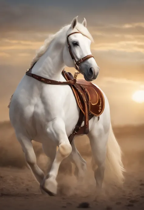 cartoon image，(((A white cartoon horse)))，He wears a big gold medal around his neck，Wears a spotted vest on the top，Denim shorts...