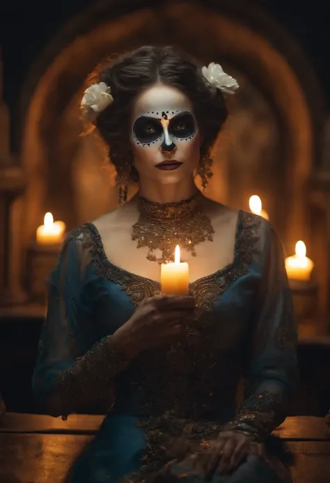 an oil painting in the style of wlop of a woman with sugar skull paint and candles holding,  in the style of realistic fantasy a...