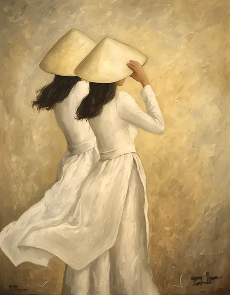 painting of two women in white dresses and hats with their backs to the side, directed by: kim du-ryang, directed by: ruth jên, ...