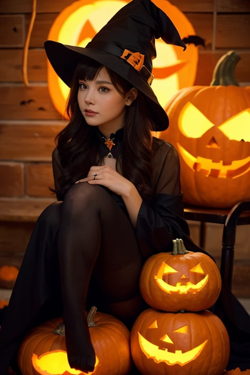 (A cat:1.1, Wearing a witch hat:1.1), (British Shorthair:1.1), (shorttwintail:0.9), (pumpkins:1.2), (Halloween:1.1), (the bats:1...