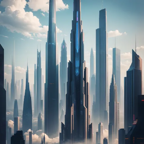 futuristic skyline with skyscrapers,60 times the height of the building，mont，cyberpunked，best quality，epcot，​masterpiece，megacit...