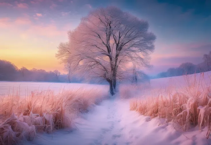 at winter season，Oyuki，snow landscape，Rime，rays of sunshine，thin fog，Dingdall effect，super-fine，tmasterpiece，8K，depth of fields，...