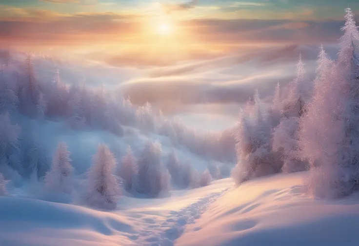 at winter season，oyuki，snow landscape，（（（rime））），coyote，rays of sunshine，thin fog，dingdall effect，super-fine，tmasterpiece，8k，dep...