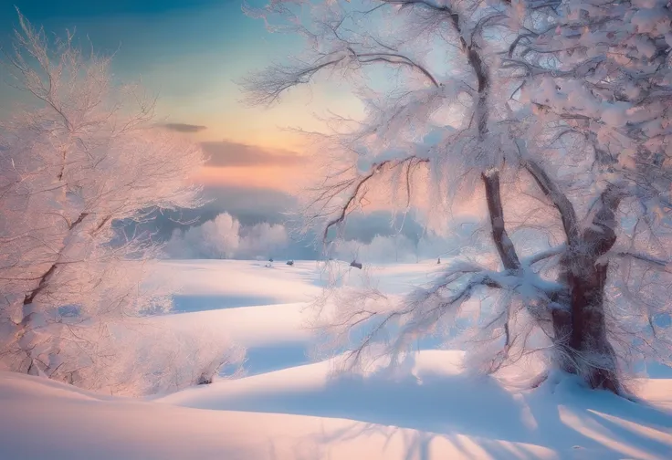 at winter season，oyuki，snow landscape，the tree，（（（rime））），the setting sun，thin fog，dingdall effect，super-fine，tmasterpiece，8k，de...