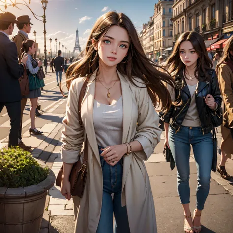 a scene in a busy france with a beautiful young woman in classic casual fashion: "generates a vibrant visual representation of a...