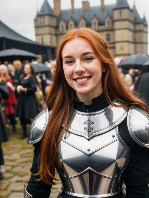 attractive welsh woman, ripped muscle, muscular body, pale skin, smile(blush), medieval plate armor, goth plate armor, with chai...