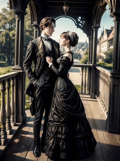 full body shot, a victorian couple embracing on a veranda art, die brücke, narrative paneling, stock