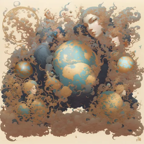 it depicts two people holding a globe in their hands., james jean and peter mohrbacher, james jean andrey ryabobichev, james jea...