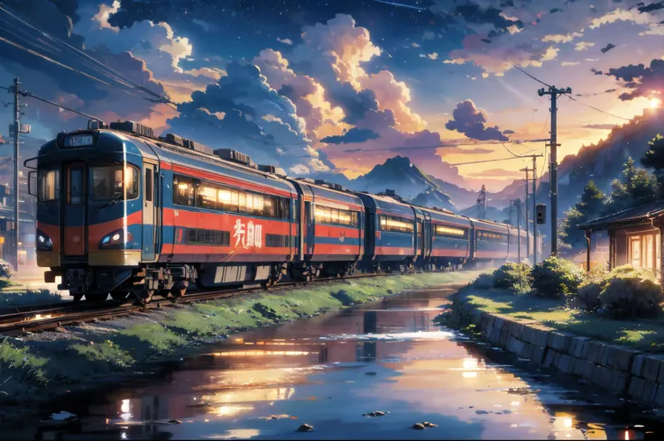 high quality masterpiece, landscape, anime train passing through bodies of water on tracks, bright starry sky. break romantic tr...