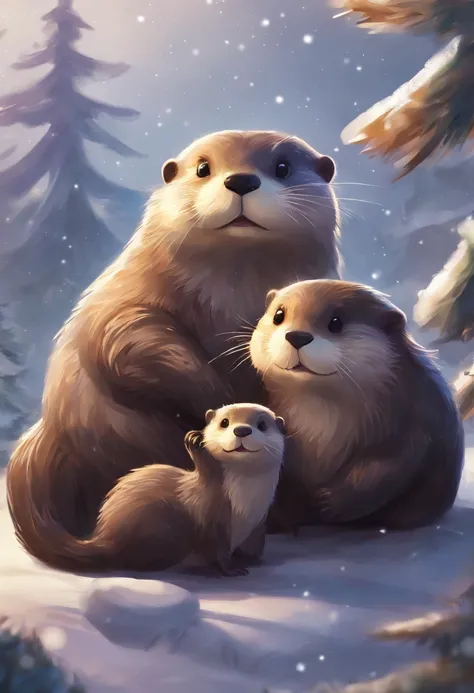 happy Otter family in christmas