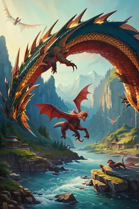 cool with new year&#39;s landscape paintings and dragon illustrations