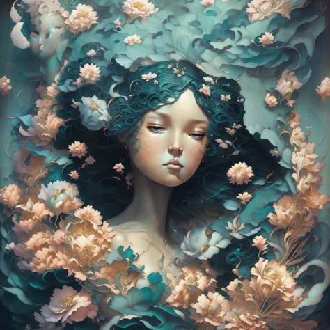 pintura de uma mulher com flores no cabelo, james jean e wlop, tiago jean andrei riabovitchev, artgerm e james jean, inspirado p...