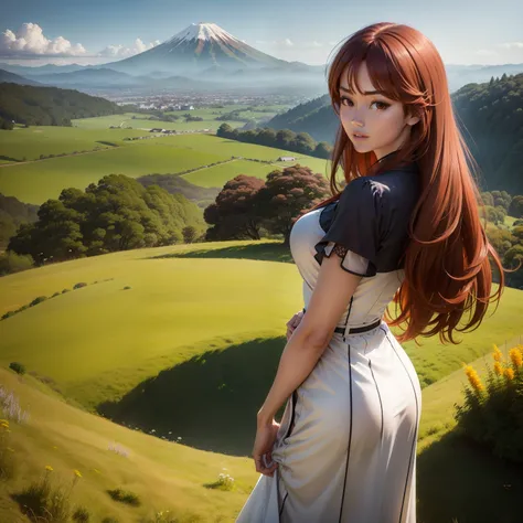 auburn hair，japan  woman, sexy dress, stand on top of a meadow hill，the view is majestic.