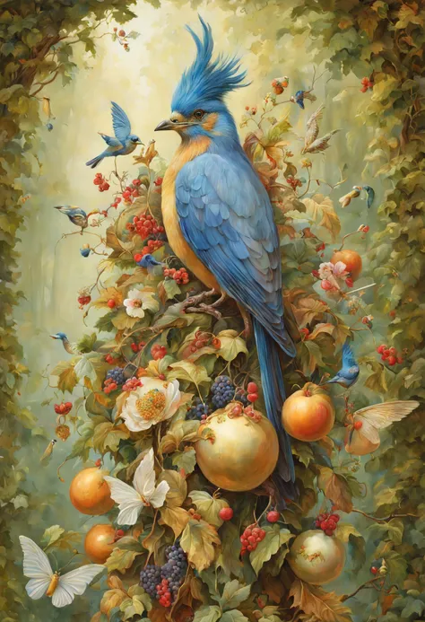 whimsical and beautiful fantasy bird with party hats, encircling a feast of birdseed and berries, forest setting, art by james c...