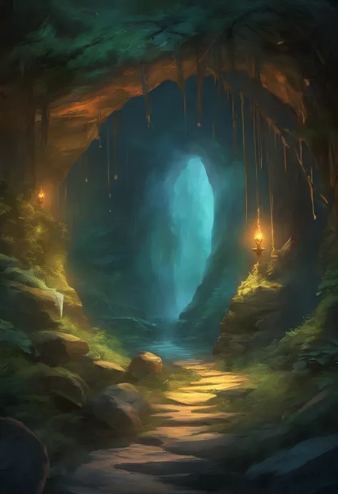 dark, foreboding cave entrance deep in a forest. it is near twilight, and the pov is from the outside of the cave looking toward...