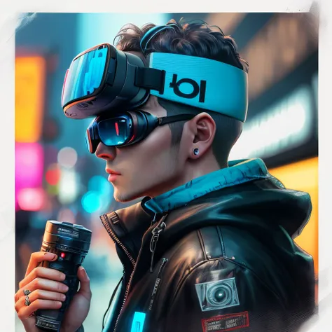 um homem, cyberpunk, oculos vr, wearing hat, terno preto couro, capuz, olhando para frente, estilo perfil, head down, estilo fei...