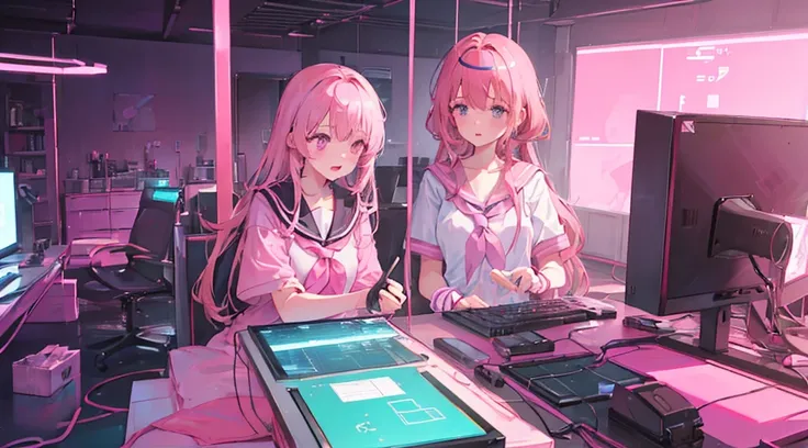 (3 girls, pink hair, pink eyes, sailor suit, kawaii, strategy meeting), (pink cyberpunk, room with big monitors, pink neon)