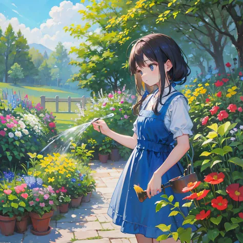 super high quality, oil painting, painting, a very cute girl watering flowers in the garden, birds, blue skies