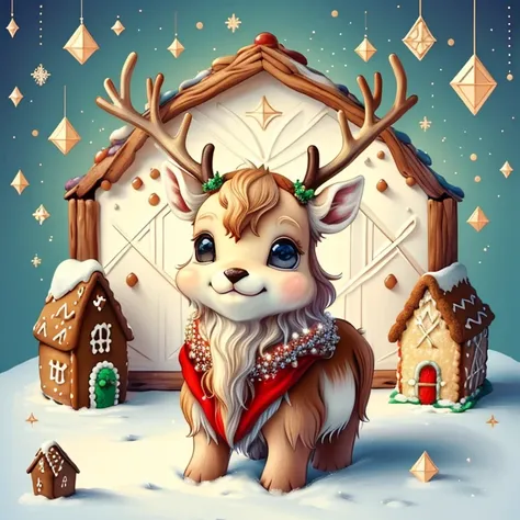 (cute baby reindeer smiling with gingerbread house), Munchkin ,Geometric multidimensional wall portrait, livro de arte, Tchibi,
...