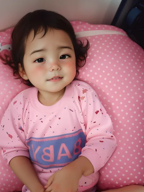 arafed baby girl sitting on a pink pillow with a pink polka dot shirt, rosey cheeks, sitting on her bed, rosy cheeks, with cute ...