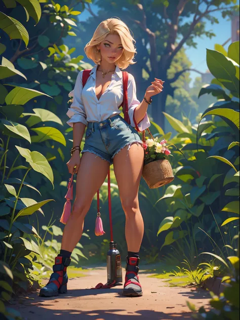 2076 year. the  ruins of the wasteland, female huntress picking fruit in the garden, beautiful face, blonde, badly torn shirt an...