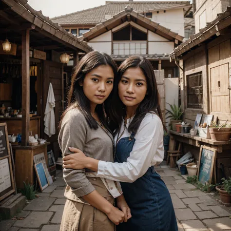 indonesian woman, 30 years old, selling housewares and clothes, wearing simple clothes, medieval theme, in the middle of a villa...