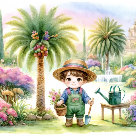 pintura em estilo aquarela, onde podemos ver um jardim encantador, with a little gardener boy taking care of various plants. he ...