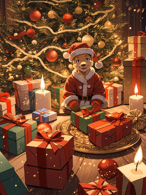 (best quality,4k,8k,highres,masterpiece:1.2),ultra-detailed,realistic,gifts,table,Christmas tree,decorations,wrapping ,bows,ribb...