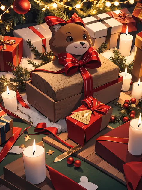 (best quality,4k,8k,highres,masterpiece:1.2),ultra-detailed,realistic,gifts,table,Christmas tree,decorations,wrapping ,bows,ribb...