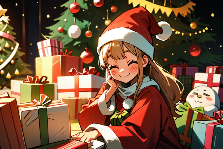 Kawaii Girl、A smile、Christmas、Cute Santa Costumes、surrounded by many presents、next to the big Christmas tree、many decorations on...