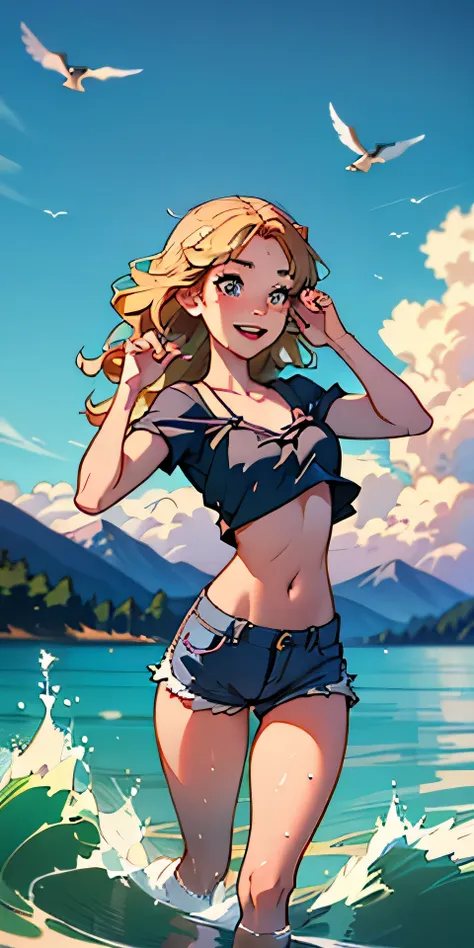 (best quality, masterpiece), 1girl, paw pose, smile, laughing, ocean, crop top, shorts, (blonde), freckles, blush, wavy hair, cl...