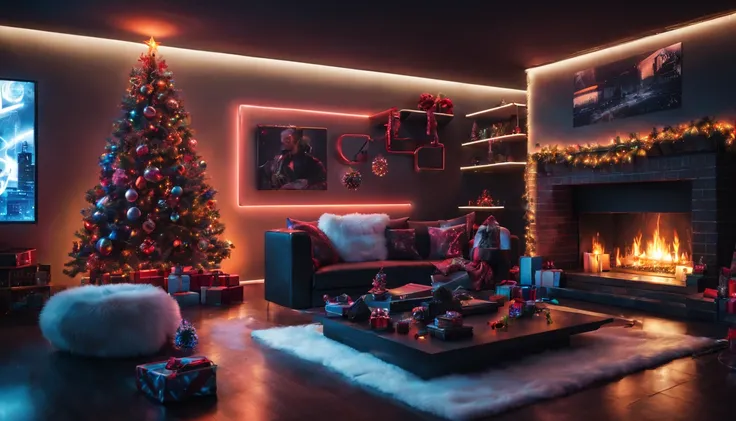 cyberpunk,Christmas-themed,living room,neon lights,punk elements,futuristic furniture,festive decorations,punk Christmas tree,or...