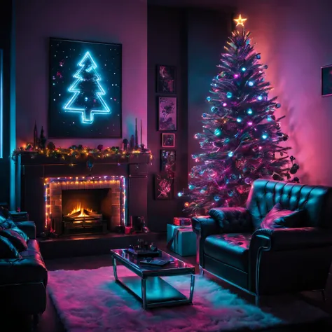 cyberpunk,Christmas-themed,living room,neon lights,punk elements,futuristic furniture,festive decorations,punk Christmas tree,or...