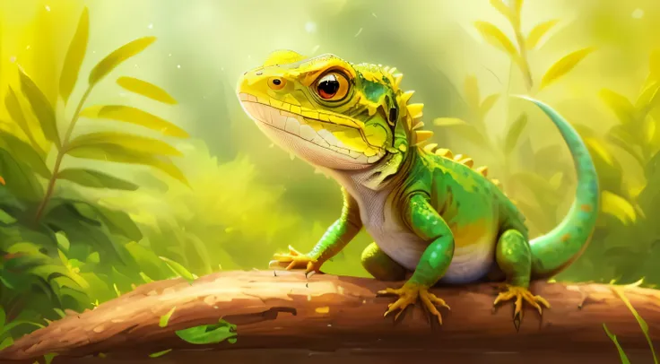 there is a lizard sitting on a log in the grass, pintura digital highly detailed, adorable pintura digital, highly detailed pint...