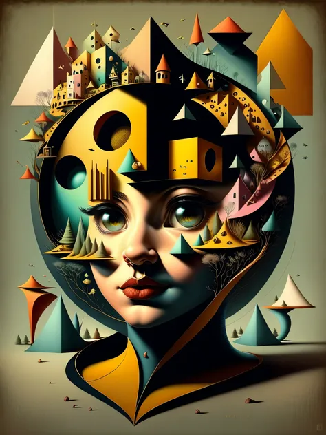 crear una pintura que combine los estilos del surrealismo, modernismo, cubismo, y art deco, con influencias del constructivismo ...