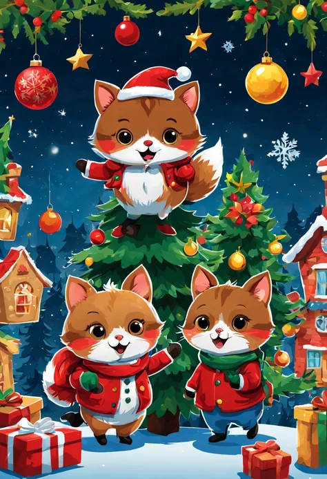 Sticker design, christmas Sticker, vector art, playful style, cute, chibi, background, by Richard Scarry, enhance, intricate, (...