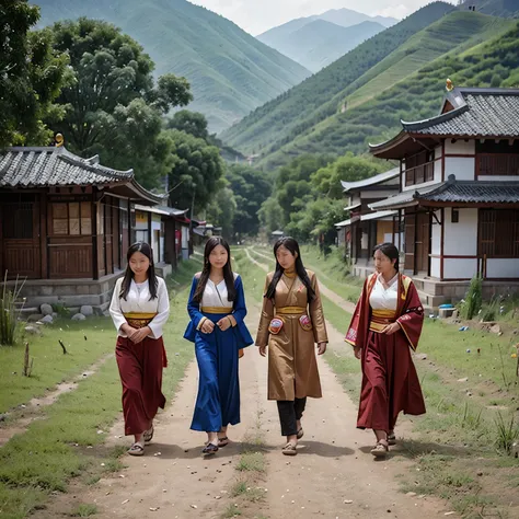 women in the asian region, the tibetan plateau area, dress in national costumes and see the rice fields and rural towns of the c...