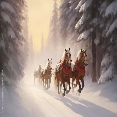 painting of a horse drawn sleigh with two horses pulling a sleigh, inspired by mark keathley, by henrik weber, by harrington man...