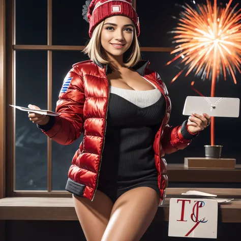 (text "2024" in flaming letters:1.5),Isabela Merced, smiling, (big breasts), bob_cut hair, cleavage, red jacket, black knee_high...