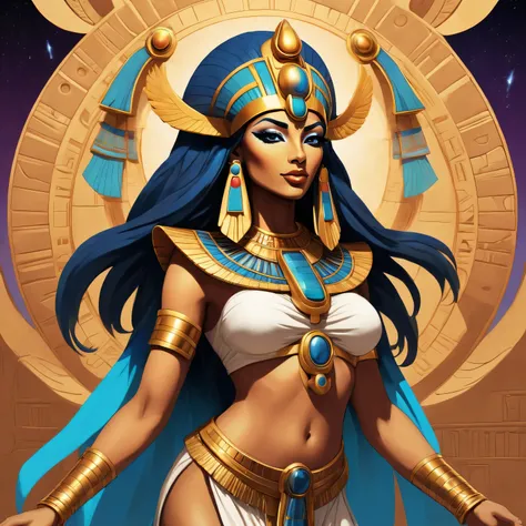 Design a pop art inspired anime and comic book representation of the ancient Egyptian goddess Maat. Utilize bold, contrasting co...