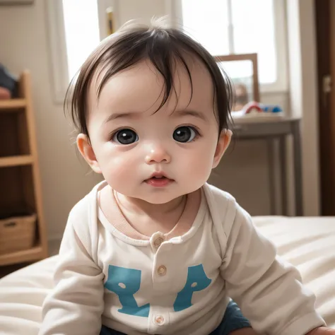 six months old baby, close up, looking at camera, in a sunlit and out of focus back room!, clear and bright images - automatic，3...