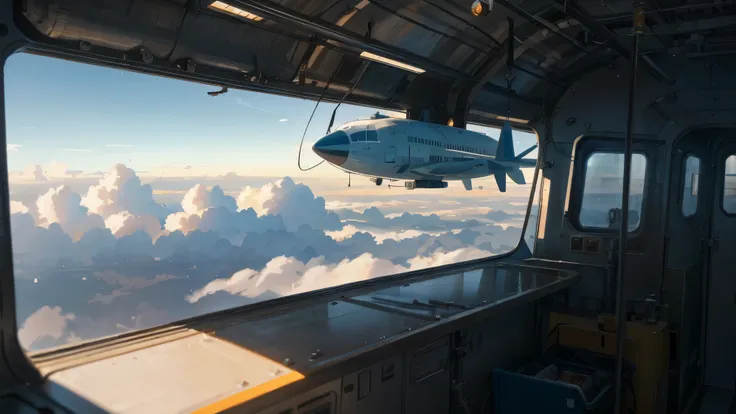 scene of children inside a spacious industrial-style airship, look out the window，the sea of clouds outside the window is above ...