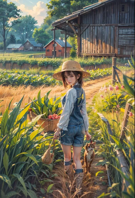 masterpiece, mid shot, anime style, highly detailed, concept art, oil painting, gouache, hard brush, centered, catgirl as a farm...