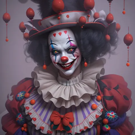 The Clown Queen, Exaggerated body movements,Red eyes,cutecore clowncore, jocker, 4k highly detailed digital art, stunning digit...