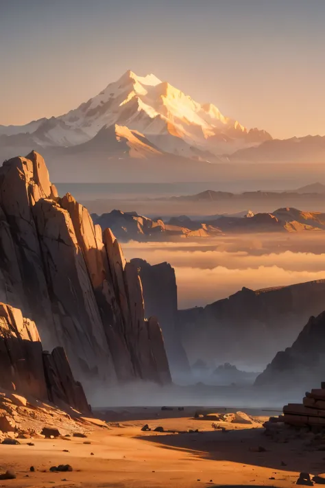 mountain range with the lower range is covered in wasteland and dust storms