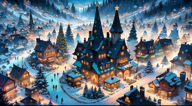 (((masterpiece))),(((high-quality))),(((8k wallpaper))),(((aerial view of a mega-gigantic winter town decked out in festive deco...