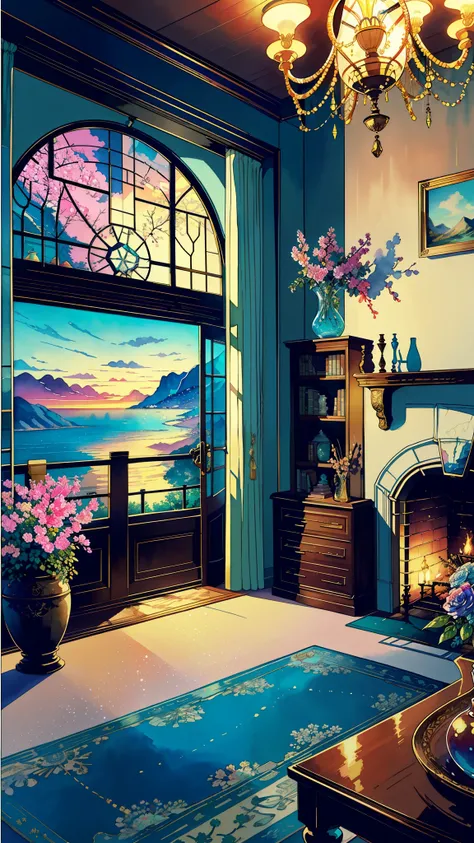 a masterpiece, an exquisite view from a large window, shelves with books, watercolor paintings, paintings on the walls, a firepl...